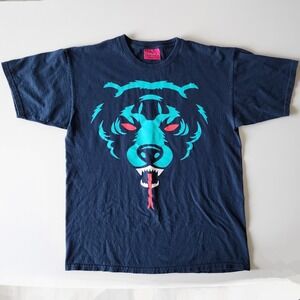 Mishka MNWKA Big Bear Face Logo Graphic Shirt Mens Large Navy Turquoise Dog Wolf